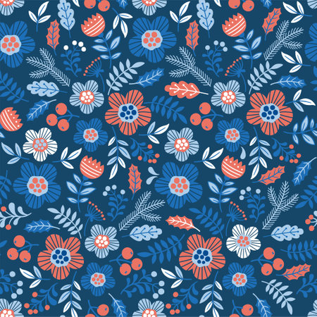 Interweaving of stylized doodle flowers and branches in the Scandinavian color styleのイラスト素材