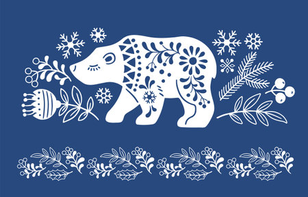 Vector hand drawn illustration of animals in Nordic style hygge. White silhouette of polar bear in folk style isolated on blue backgroundのイラスト素材