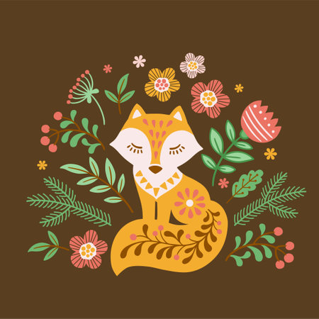 Vector hand drawn illustration of animals in Nordic style hygge. Silhouette of red patterned fox among flowers on blue backgroundのイラスト素材