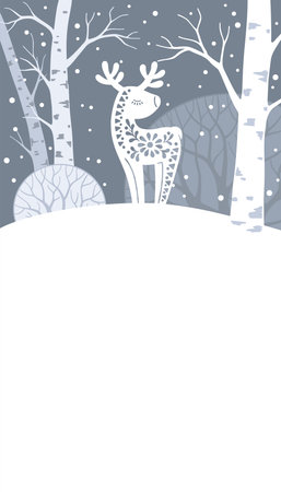 Winter Forest Animal vertical banner. Hand drawn silhouette of deer in Scandinavian styleのイラスト素材