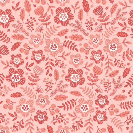 Seamless pattern of interweaving of stylized doodle pink flowers and branches on light pink backgroundのイラスト素材