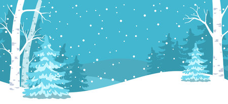 Vector illustration. Horizontal banner. Blue winter snowy forest landscapeのイラスト素材