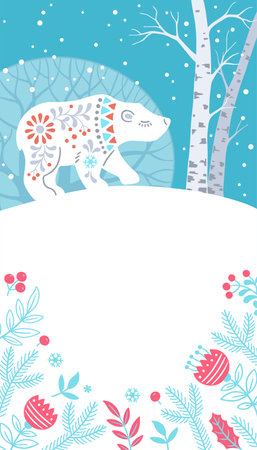 Winter Forest Animal vertical banner. Hand drawn silhouette of polar bear in patterned Scandinavian folk styleのイラスト素材