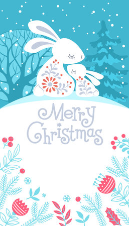 Winter Forest Animal vertical banner. Hand drawn silhouette of family hares in Scandinavian folk style. Greeting card with text Merry Christmasのイラスト素材