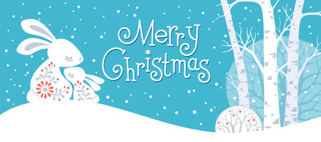 Winter Forest Animal horizontal banner. Hand drawn silhouette of family hares in Scandinavian folk style. Greeting card with text Merry Christmasのイラスト素材