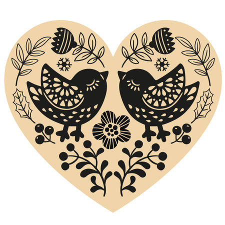 Vector hand drawn illustration of birds in folk style. Silhouettes of ornate bird kissing among branches and flowersのイラスト素材