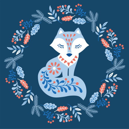 Vector hand drawn illustration of animals in Nordic style hygge. Fox in floral wreath in Folk Scandinavian styleのイラスト素材