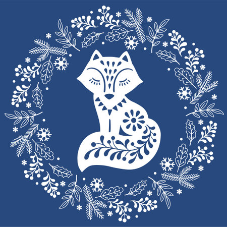 Vector hand drawn illustration of animals in Nordic style hygge. Fox in floral wreath in Folk Scandinavian styleのイラスト素材