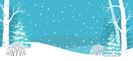 Vector hand draw illustration. Horizontal banner. Blue winter snowy forest landscapeのイラスト素材