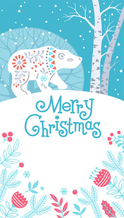 Winter Forest Animal vertical banner with text Merry Christmas. Hand drawn silhouette of polar bear in patterned Scandinavian folk styleのイラスト素材