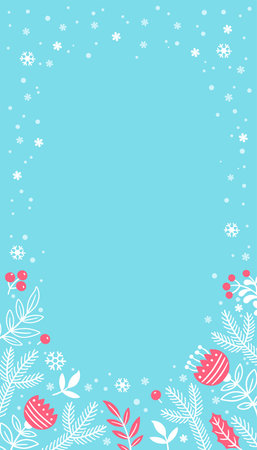 Vertical banner with flower pattern. Hand draw vector illustration. Winter background with flowers and leaves on blue backgroundのイラスト素材