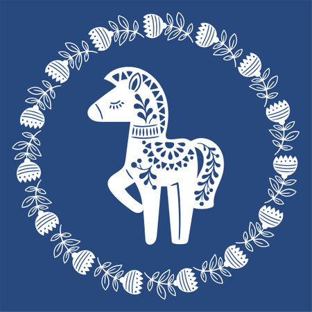 Vector hand drawn illustration of animals in Nordic style hygge. Horse in floral wreath in Folk Scandinavian styleのイラスト素材