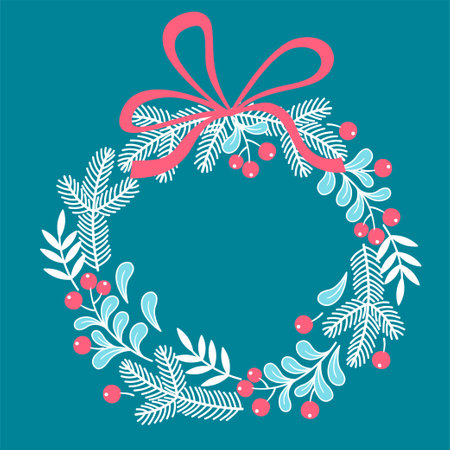 Hand drawn vector illustration of Christmas card. Round stylized mistletoe wreath with ribbon and copy space for textのイラスト素材