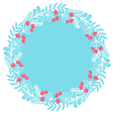 Hand drawn vector illustration. Christmas card with round stylized mistletoe wreath with space for textのイラスト素材