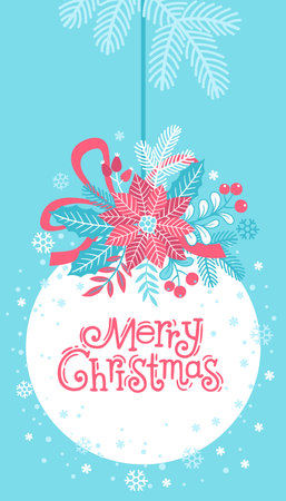 Christmas background card and invitation. Christmas tree ball decorated with poinsettia flower and Christmas tree branches hanging on a ribbonのイラスト素材