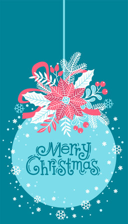 Christmas background card and invitation. Christmas tree ball decorated with poinsettia flower and Christmas tree branches hanging on a ribbonのイラスト素材
