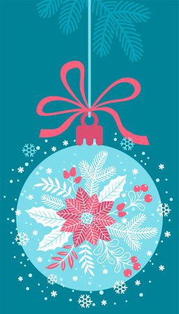 Christmas background card and invitation. Christmas tree ball decorated with poinsettia flowers and Christmas tree branches hanging on a ribbonのイラスト素材
