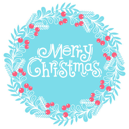 Hand drawn vector illustration. Christmas card with round stylized mistletoe wreath and text Merry Christmasのイラスト素材