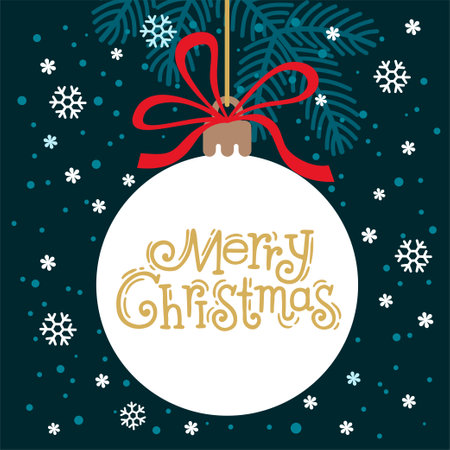 Christmas background card. Christmas tree ornament with text Merry Christmas hanging on a ribbon. Hand drawn vector illustrationのイラスト素材