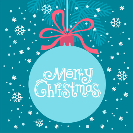 Christmas background card. Christmas tree ornament with text Merry Christmas hanging on a ribbon. Hand drawn vector illustrationのイラスト素材