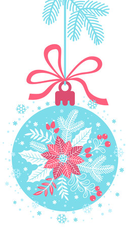 Christmas background card and invitation. Christmas tree ball decorated with poinsettia flowers and Christmas tree branches hanging on a ribbonのイラスト素材