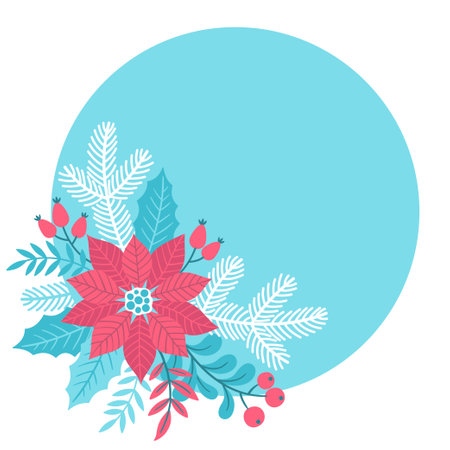 Christmas background card and invitation. Christmas tree with poinsettia and Christmas tree branches. Hand drawn vector illustrationのイラスト素材