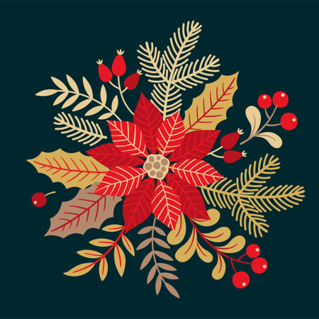 Christmas pattern with holly leaves, poinsettia, Christmas tree branches, red berries and flower on dark background. Vector hand draw illustration for greeting card and Christmas designのイラスト素材