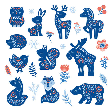 Illustration of pattern in Nordic style hygge. Vector hand drawn animals in Scandinavian styleのイラスト素材
