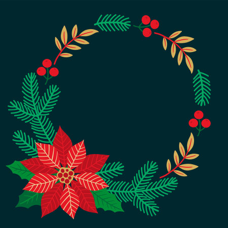 Hand drawn vector illustration of gritting card. Round stylized Christmas wreath with leaves, poinsettia flower, Christmas tree branches and copy space for textのイラスト素材