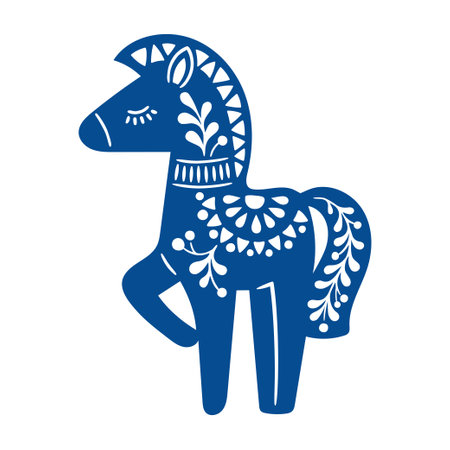 Vector hand drawn illustration of animal in Nordic style hygge. Blue silhouette of horse in folk style isolated on white backgroundのイラスト素材