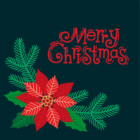 Hand drawn vector illustration of Christmas card. Stylized poinsettia flower, Christmas tree branches and copy space for textのイラスト素材