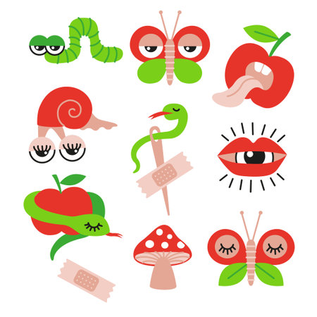 Vector hand drawn illustration. Set of psychedelic insects in a flat cartoon styleのイラスト素材