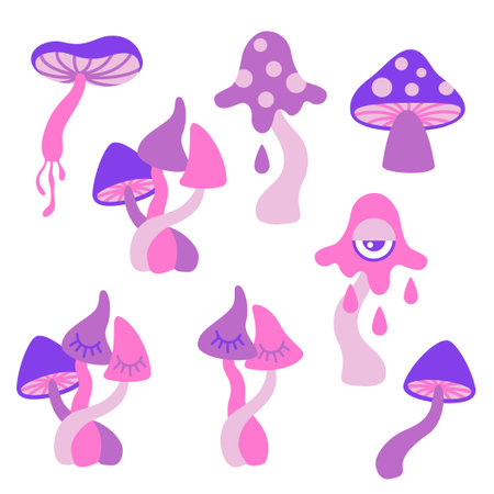 Vector hand drawn illustration. Set of psychedelic mushrooms in a flat cartoon styleのイラスト素材