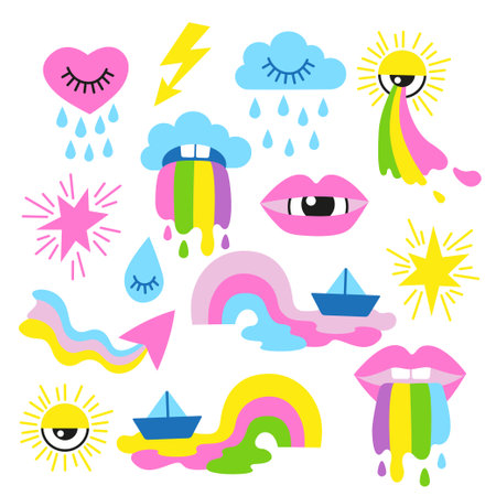 Vector hand drawn illustration. Set of psychedelic weather elements in a flat cartoon styleのイラスト素材