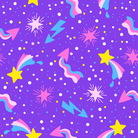 Hand drawn vector seamless pattern of neon stars and meteorites on night sky. Stylized other space in neon pink and purple colors on a purple backgroundのイラスト素材
