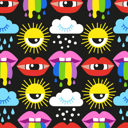 Vector hand drawn illustration. Set of psychedelic weather elements in a flat cartoon styleのイラスト素材
