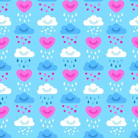 Valentines day seamless pattern in pastel colors, cloudy sky and rain of hearts. Vector hand drawn illustration.のイラスト素材