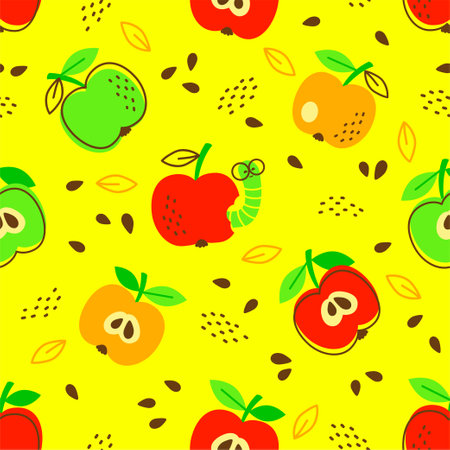 Vector hand drawn seamless pattern in a doodle style. Red apples and caterpillar on yellow backgroundのイラスト素材