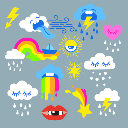 Vector hand drawn illustration. Set of weather elements in a flat cartoon styleのイラスト素材