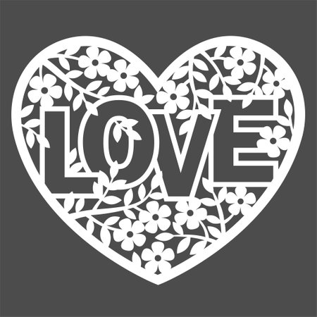Vector silhouette hand drawn illustration. Floral invitation card in a lace style for Wedding or Valentine's day on a heart shapeのイラスト素材