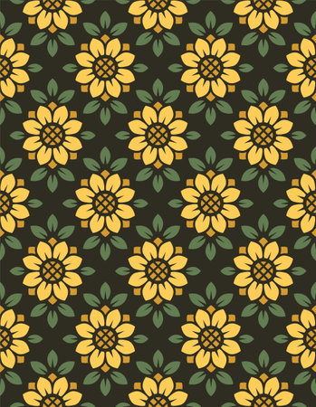 Vector seamless pattern with bright orange sunflowers on black background. Stylized flower in geometric diamond pattern for wallpaper and textileのイラスト素材