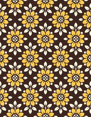 Vector seamless pattern with bright orange sunflowers on black background. Stylized flower in geometric diamond pattern for wallpaper and textileのイラスト素材