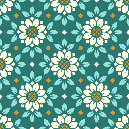Vector seamless pattern. Tile in retro style with sunflowers. Stylized flower in square geometric pattern for wallpaper and textileのイラスト素材