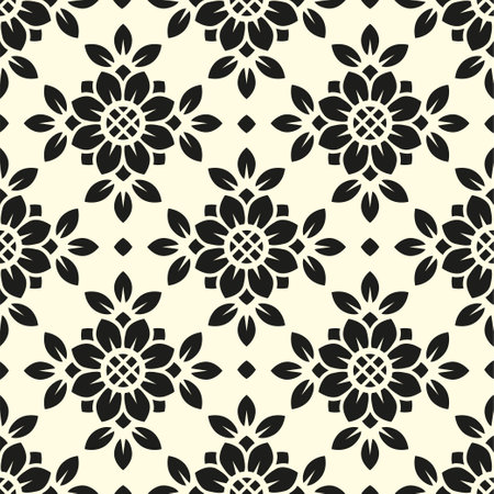 Vector seamless pattern. Tile in retro style with sunflowers. Stylized flower in square geometric pattern for wallpaper and textileのイラスト素材