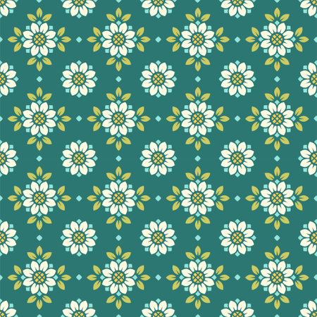 Vector seamless pattern. Tile in retro style with sunflowers. Stylized flower in square geometric pattern for wallpaper and textileのイラスト素材
