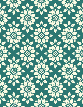 Vector seamless pattern. Tile in retro style with sunflowers. Stylized flower in geometric diamond pattern for wallpaper and textileのイラスト素材