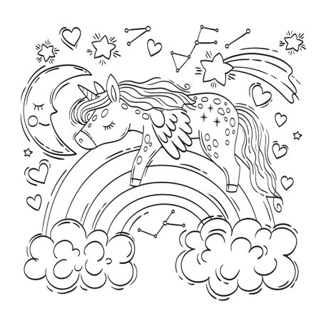 Cute unicorn is sleeping on a rainbow surrounded by clouds and the moon. Vector illustration for children coloring bookのイラスト素材