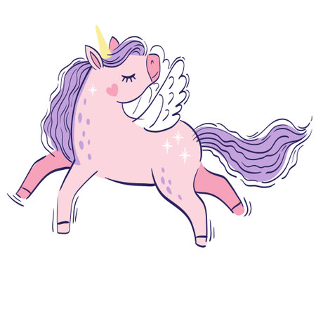 Cute little pink magical unicorn. Vector hand drawing illustration isolated on white backgroundのイラスト素材