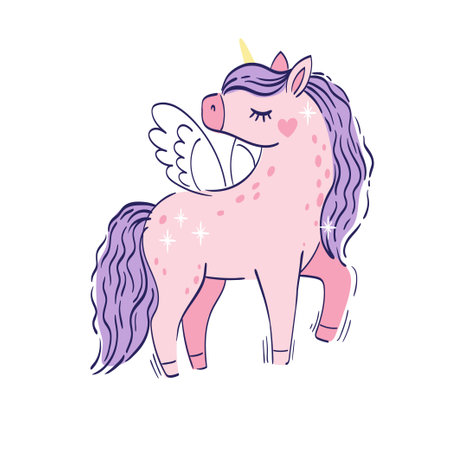 Cute little pink magical unicorn. Vector hand drawing illustration isolated on white backgroundのイラスト素材