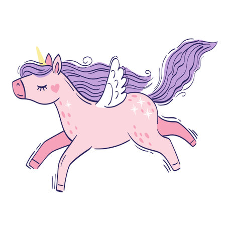 Cute little pink magical unicorn. Vector hand drawing illustration isolated on white backgroundのイラスト素材